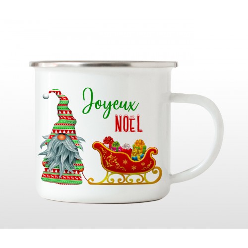Tasse en émail "Joyeux Noël" gnome et traineau